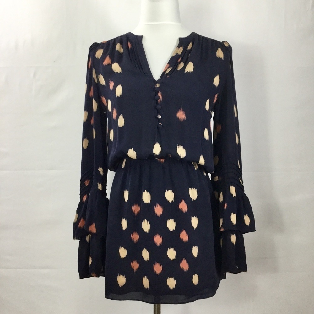 Parker Long Bell Sleeve Button Bodice Silk Navy Mini Dress size Small - Picture 3 of 16